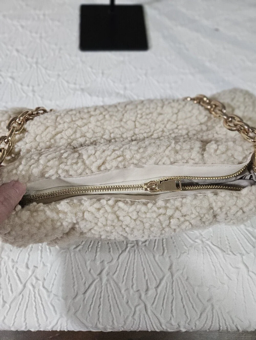 H & M Cozy Cream Sherpa Chain-Handle Shoulder Bag